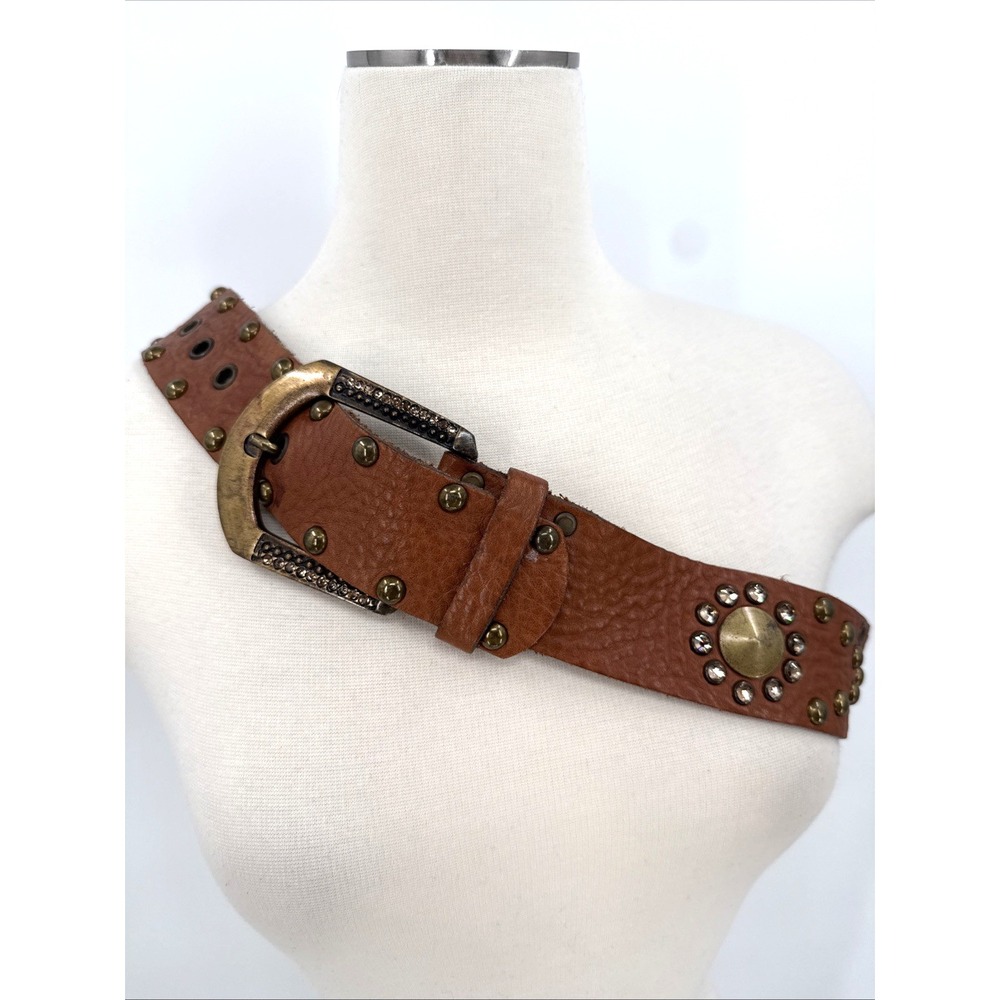 LeatheRock Womens Brown Leather Studded Rhinestone Belt Size M34 Boho Cowgirl